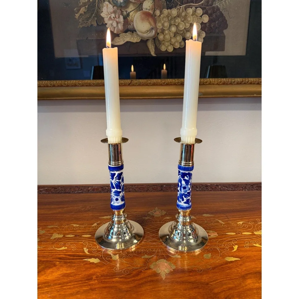 Vintage Blue White Chinoiserie Candlesticks • Brass Candle Holder Pair
